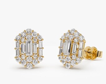 Baguette Earrings 14k Baguette Diamond Hexagon Studs Trendy