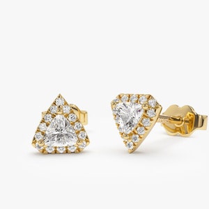 14k Gold Natural Trilliant Diamond with Halo Setting Stud Earrings