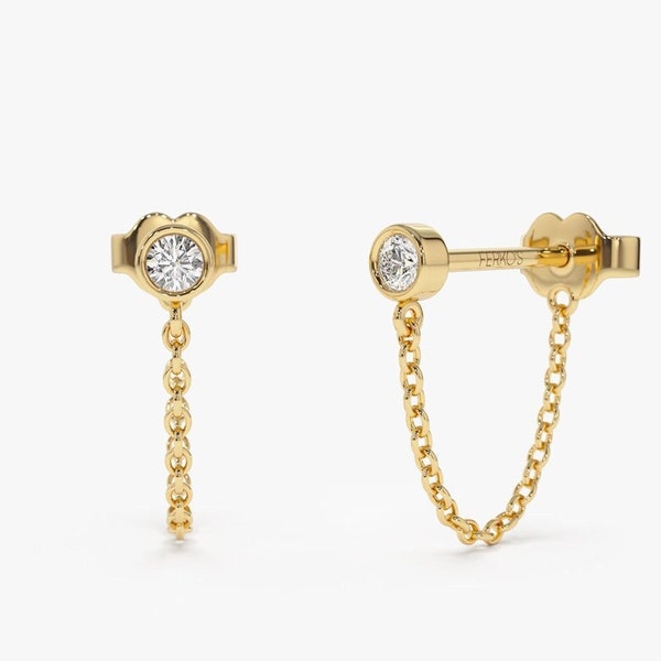 Chain earrings / 14k Gold Bezel Setting Diamond Studs Chain Earrings / Dangle Earrings / Statement Earrings / Dainty Diamond Earrings