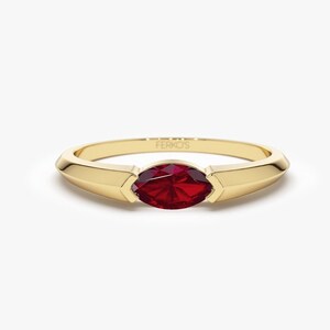 Ferkos Fine Jewelry Ruby Ring / 14k Gold Marquise Shape Natural Ruby Ring / Horizontal Set Marquise Genuine Ruby Ring / July Birthstone