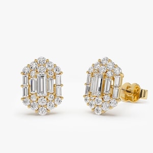 14k Baguette Diamond Hexagon Studs