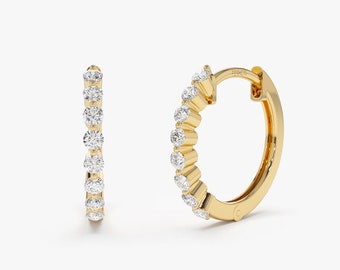 Diamond Earrings / 14k Solid Gold Shared Prong Diamond Hoop Earrings / Diamond Huggie Earring/ 15MM Diamond Hoop Earring / Gift for Her
