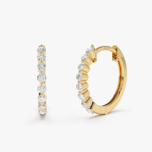 Diamond Earrings / 14k Solid Gold Shared Prong Diamond Hoop Earrings / Diamond Huggie Earring/ 15MM Diamond Hoop Earring / Gift for Her