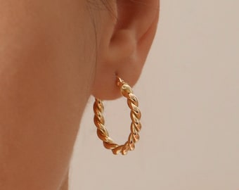 Gold Hoop Earrings Medium Size / 14k Twist Rope Earrings 20MM / Rope Chain Hoop Earrings / Twisted Rope Hoops / Twisted Cable Hoop Earrings