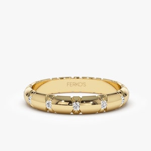 Women's Diamond Wedding Band / 14k Solid Gold Unique X Cut Design Diamond Wedding Ring / 3MM Classic Dome Ring by Ferko's Fine Jewelry
