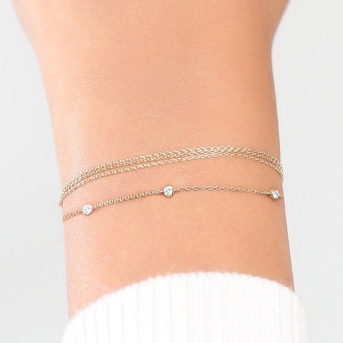 14K Gold Double Sparkle Delicate Chain Bracelet Gold Dainty Etsy