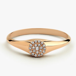 Rose Gold Diamond Signet Ring / Diamond Pinky Ring in 14k Rose Gold / Rose Gold Promise Ring with Micro Pave Setting / Gift for Mom