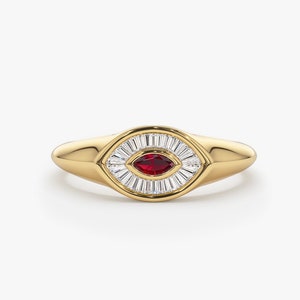 Anillo de rubí / Anillo apilable de oro de 14 k con rubí en forma de marquesa y ojo malvado / Anillo de rubí para el meñique / Anillo único de rubí y diamante baguette