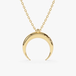 14K Solid Gold Crescent Moon Necklace, Half Moon Boho Jewelry, Double Horn Necklace, Simple Everyday Layering Necklace, Best Friend Gift