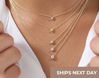 Collar solitario de diamantes en oro macizo de 14 k / Regalo para dama de honor / Collar solitario delicado / Diamante flotante / Collar con capas de diamantes
