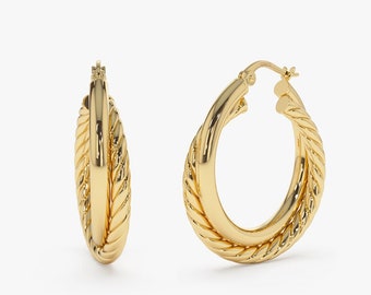 Gold Hoops / 14k Gold Hoop Earrings Medium Size 30MM / Twisted Rope and Plain Gold Intertwined Hoop Earrings by Ferko's Fine Jewelry