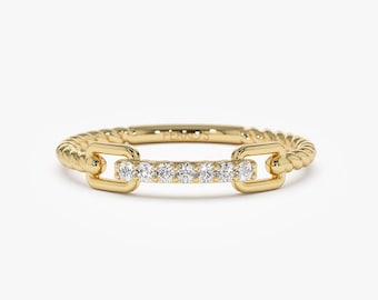 14k Gold Rope Braid Stack Ring with Micro Pave Diamonds - Handcrafted Fine Jewelry on Etsy - Unique Design for Everyday or Special Occasions