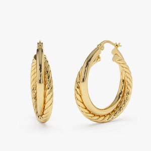 Gold Hoops / 14k Gold Hoop Earrings Medium Size 30MM / Twisted Rope and Plain Gold Intertwined Hoop Earrings by Ferko's Fine Jewelry