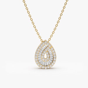 Diamond Necklace / 14k Teardrop Shape Baguette and Round Diamond Statement Necklace by Ferkos Fine Jewelry /Gift for Mom, Last Minute Gift