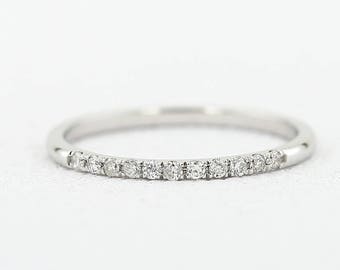 14k White Gold Diamond Wedding Band In Micro Pave Setting - 11 Stone White Diamonds Wedding Band - Diamond Stacking Ring