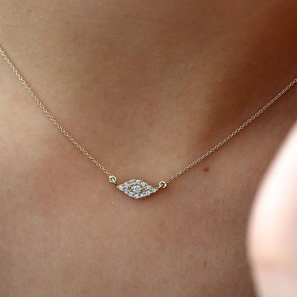 14k Gold Diamond Evil Eye Necklace / 14k Gold Necklace / Diamond Necklace /  Good Luck Necklace, Mothers Day Gift