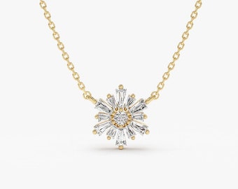 Diamond Necklace for Women / 14k Gold Tapered Baguette Unique Diamond Pendant / Cluster Diamond / Layering Necklace by Ferkos Fine Jewelry
