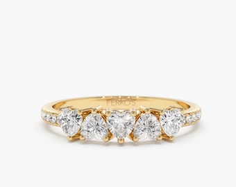 14k Gold Heart Diamond Ring with Micro Pave Round Diamond Shank  / Unique Women's Diamond Band by Ferkos Fine Jewelry