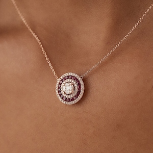 Round Diamond Ruby Necklace, 14K Solid Gold Diamond Ruby Halo Pendant for Women, Dainty Anniversary Gift for Her, Minimalist Jewelry Gift