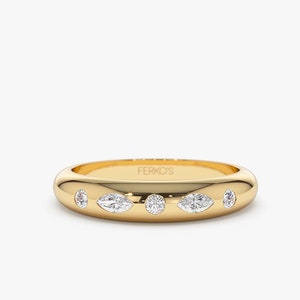 Diamond Ring 14k Solid Gold / Dome Gold Ring with Marquise and Round Diamonds Flush Setting / Statement Diamond Ring / Gift for Mom Idea