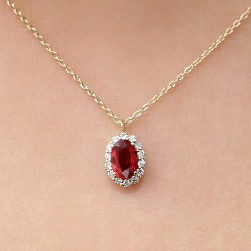 Ruby Necklace / 14k Classic Oval Cut Ruby With Surrounding Etsy