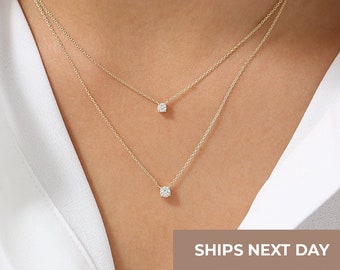 Prong Setting Diamond Necklace / Diamond Solitaire Pendant / Floating Diamond Necklace / Dainty Diamond / Bridal gift