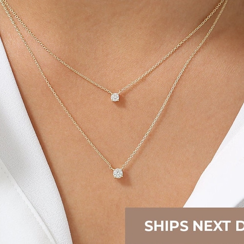 Diamond Solitaire Necklace / 14k Gold Diamond Necklace / Etsy