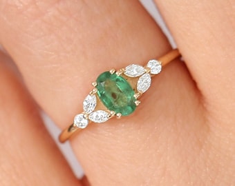 Emerald Engagement Ring in 14k Gold/ Natural Emerald Diamond Ring Available in Gold, Rose Gold, and White Gold by Ferkos Fine Jewelry