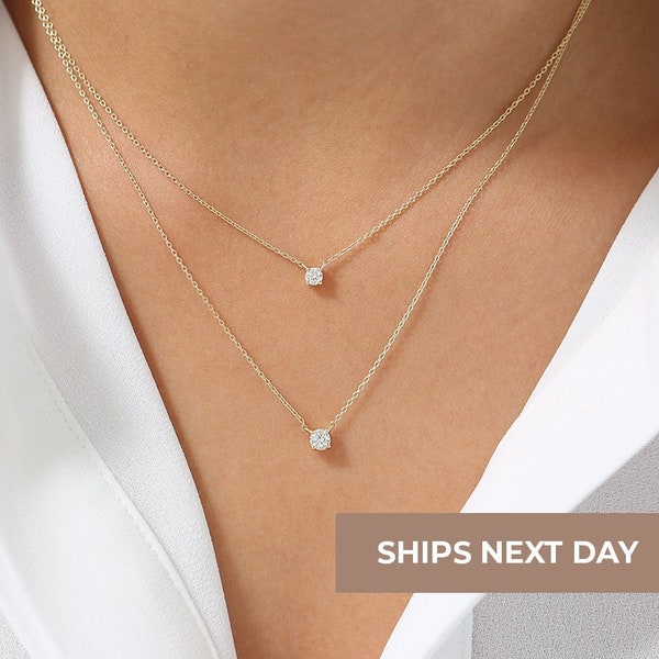 Prong Setting Diamond Necklace / Diamond Solitaire Pendant / Floating Diamond Necklace / Dainty Diamond / Bridal gift