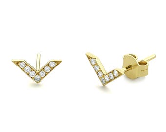 Dainty Diamond Earrings in 14k Solid Gold / Chevron Earrings / V Stud Earrings / Delicate Diamond Studs / Gift for Her