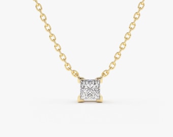 Princess Cut Diamond Necklace 14k Solid Gold, Diamond Solitaire Necklace 0.25 CTW, Prong Setting, Bridal Diamond Necklace