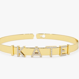 Gold Bangle / 14k Gold Sliding Diamond Initials Bangle / 5 MM Wide Personalized Diamond Initial Name Bracelet by Ferkos Fine Jewelry