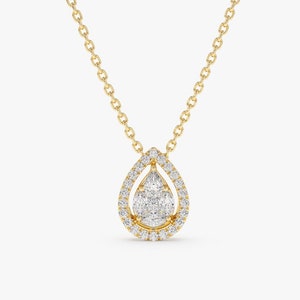 Diamond Necklace / 14k Solid Gold Pear Shaped Illusion Setting Halo Diamond Pendant Necklace / Halo Teardrop Necklace by Ferkos Fine Jewelry