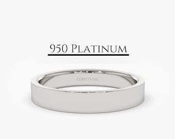 May include: A simple, flat platinum wedding band with a 950 platinum stamp on the inside.