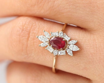 Natural Ruby Ring in 14k  / Genuine Ruby Engagement Ring with Marquise, Baguette, and Round Diamond / Alternative Engagement Ring