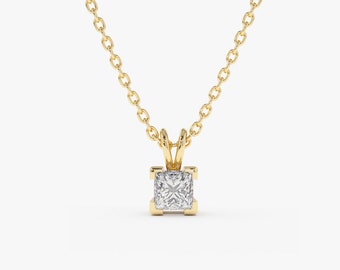 Princess Cut Diamond Necklace / 14k Solid Gold Diamond Solitaire Necklace 0.25 ctw / Floating Diamond / Square Diamond Necklace