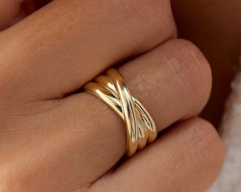 Gold Ring / 14k Gold Fashion Ring / 14k Solid Gold Multi-strand Crossover Ring / Women's Gold Ring / Dome Statement Ring / Gold Bubble Ring