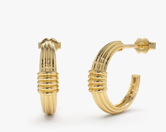 Gold Earrings / 14k Ribbed Dome Graduating Hoop Earrings / 14k Unique Multi Lined Dome Gold Ring / Bold Gold Earrings by Ferkos Fine Jewelry
