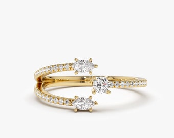 Unique Diamond Ring with Marquise Shape and Round Diamonds / 14k Gold Statement Diamond Ring / Open Design Claw Diamond Ring