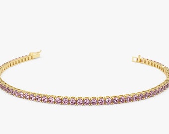 Pink Tourmaline Bracelet / 14k Gold Prong Setting Pink Tourmaline Tennis Bracelet / Multi stone layering bracelet / October Birthstone