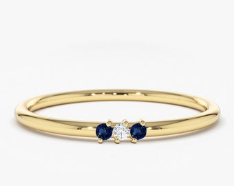 Genuine Sapphire and Diamond Ring in 14k Gold / Thin Sapphire Stacking Rings / Minimalist Ring / Promise Ring