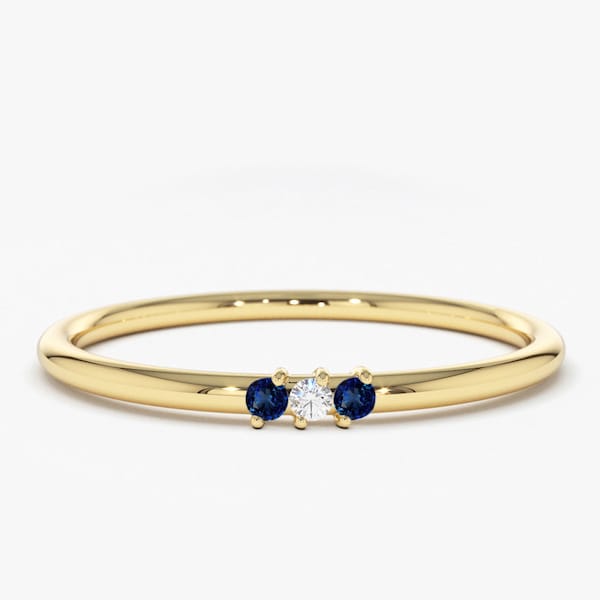 Echter Saphir und Diamant Ring aus 585er Gold / Dünne Saphir Ringe / Minimalistischer Ring / Versprechen Ring