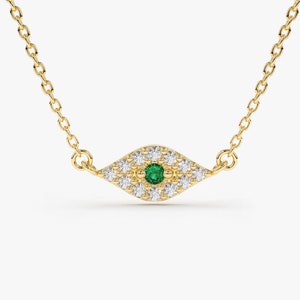 Evil Eye Necklace / 14k Gold Evil Eye Necklace / Diamond Evil Eye with Emerald / Good Luck Necklace / Evil Eye Charm