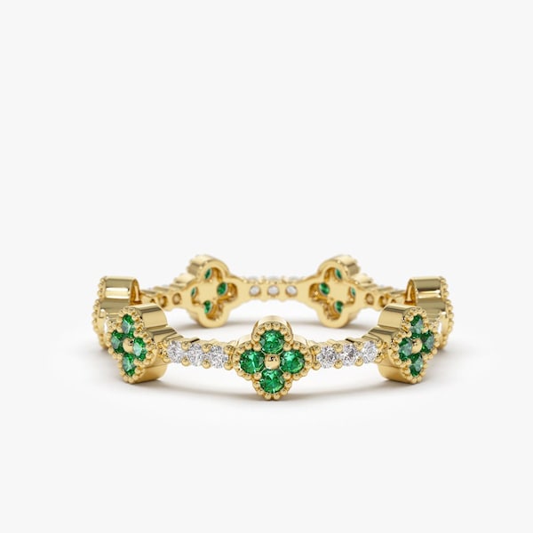 Clover Ring / Emerald and Diamond Full Eternity Ring in 14k Gold / Stacking Ring / Emerald Stackable Ring / May Birthstone Birthday Gift