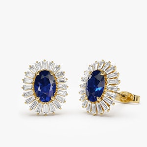 Blue Sapphire and Baguette Diamond Ballerina Stud Earrings in 14k Solid Gold / Oval Sapphire Baguette Diamond Unique Statement Earrings