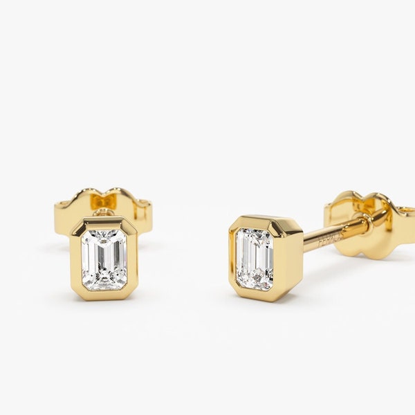 Emerald Cut Stud Earrings in 14k Solid Gold / Trending Diamond Studs / Natural Diamond Studs / Bezel Setting Studs by Ferkos Fine Jewelry