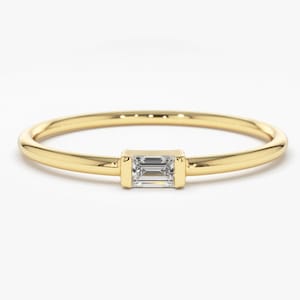 14k Gold Baguette Diamond Ring, Minimalist Stacking Band