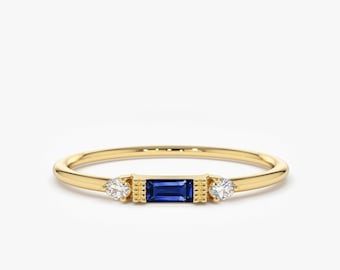 Sapphire Ring / Baguette Sapphire Ring / 14k Solid Gold Minimalist Blue Sapphire Ring / Stacking Sapphire and Diamond Ring/ Sapphire Jewelry
