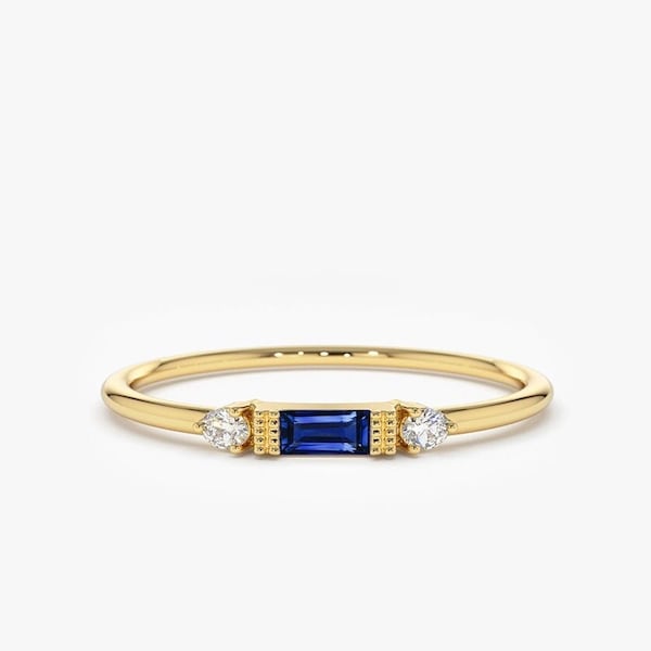 Sapphire Ring / Baguette Sapphire Ring / 14k Solid Gold Minimalist Blue Sapphire Ring / Stacking Sapphire and Diamond Ring/ Sapphire Jewelry