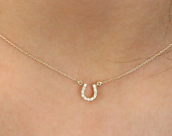 Mini Diamond Horseshoe Necklace / 14k Gold Lucky Horseshoe Charm Necklace with Diamonds / Mini Horseshoe Pendant, Mothers Day Gift